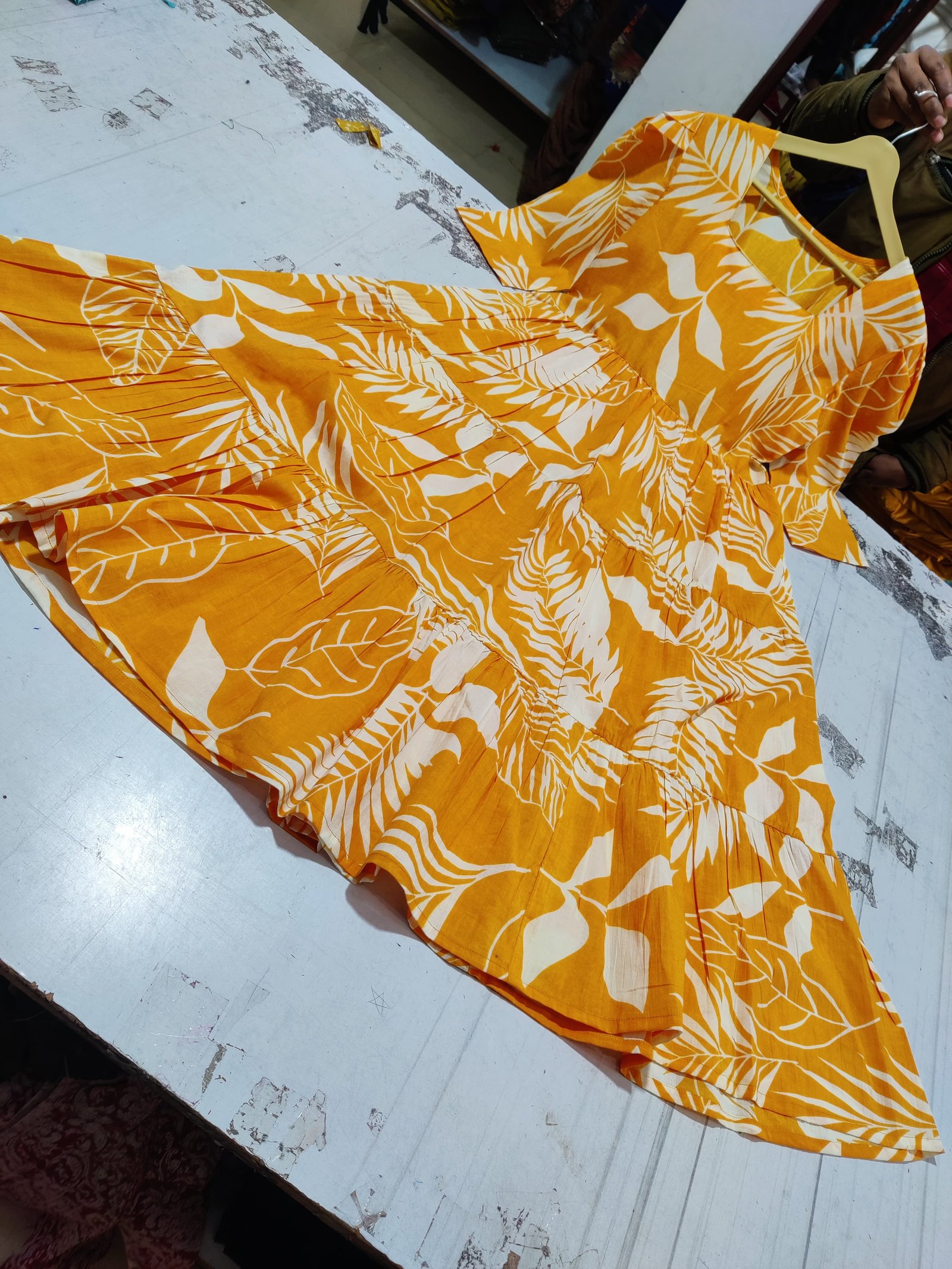 Orange Printed Cotton Midi Gown Dress